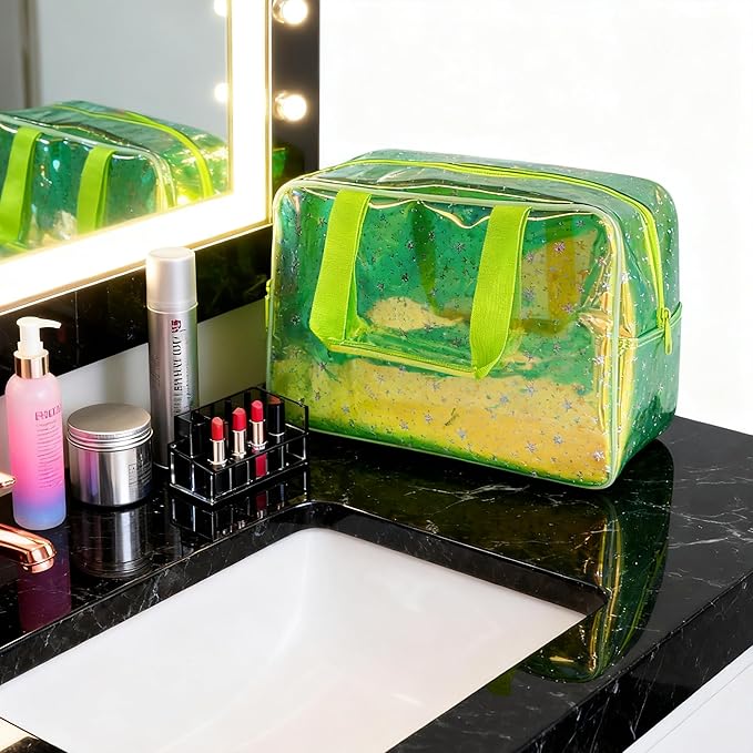 TotePrint Holographic green Clear Star Large Cosmetic Bag and TPU Travel Pouch with Handle,Durable Material,Zipper Design-Ideal for Makeup,Travel Essentials (Holographic green+stars)