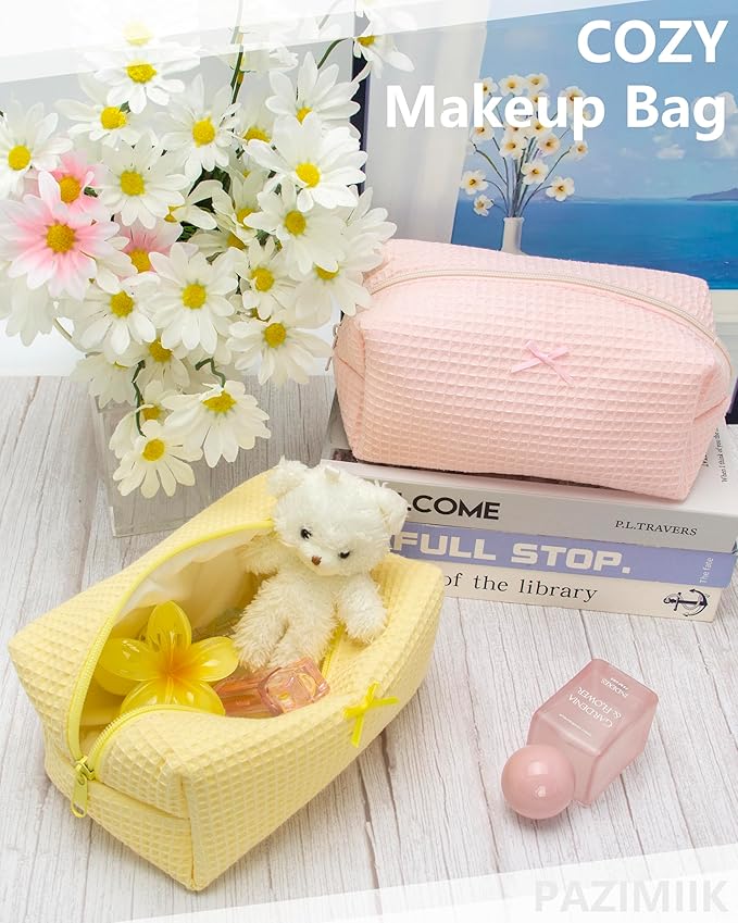 Cozy Makeup Bag for Women,Zipper Cosmetic Pouch,Waffle Yellow,6 Pack