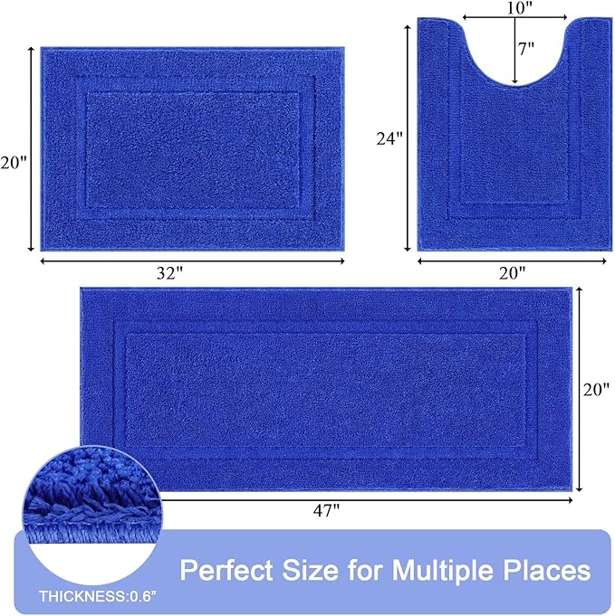 SHACOS Royal Blue Bathroom Rugs Sets 3 Piece Bath Mat U Shaped Toilet Rug