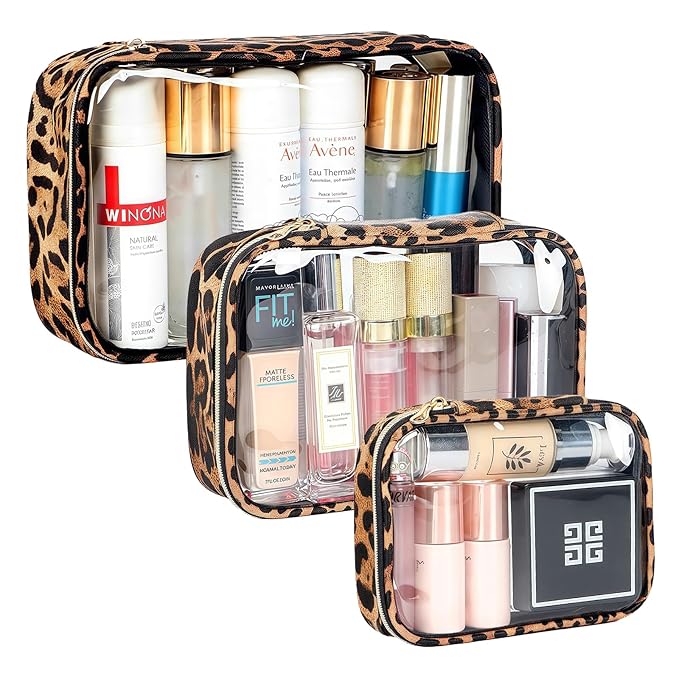 Clear Makeup Bags with Zipper, TSA Approved Travel Toiletry Bag, 3-Pack (Large, Medium & Small) Clear Cosmetic Bag, Waterproof Make Up Bag for Women, Car Bag Organizer & Car Organization Essentials