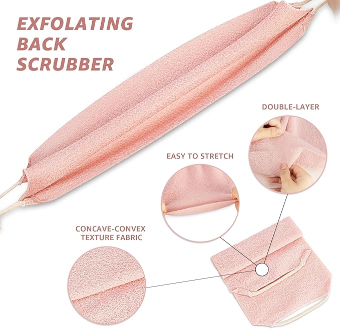 Culture Gifts Extended Exfoliating Back Scrubber with Handles, Nylon Cleaning Exfoliator Washcloth for Body, Stretchable Pull Strap Soft Quick-Drying Rough Scrub Towel, Pink