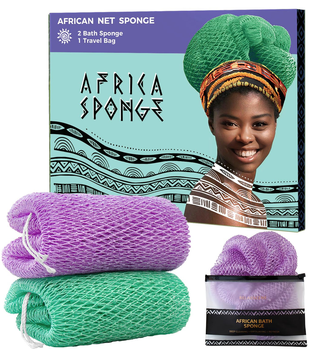African Net Sponge Authentic - 2 Pieces Exfoliating Body Scrubber Bath Sponge - Back Scrubber Washcloth for Shower - Real African Scrub Exfoliator Body Care Bathing Accessories for Women