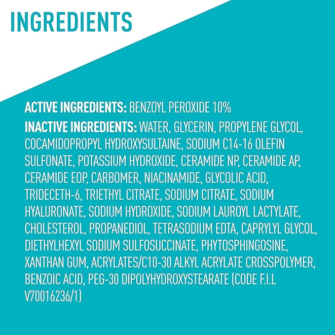 CeraVe Acne Foaming Cream Wash, 10% Benzoyl Peroxide Facial Cleanser, 5oz