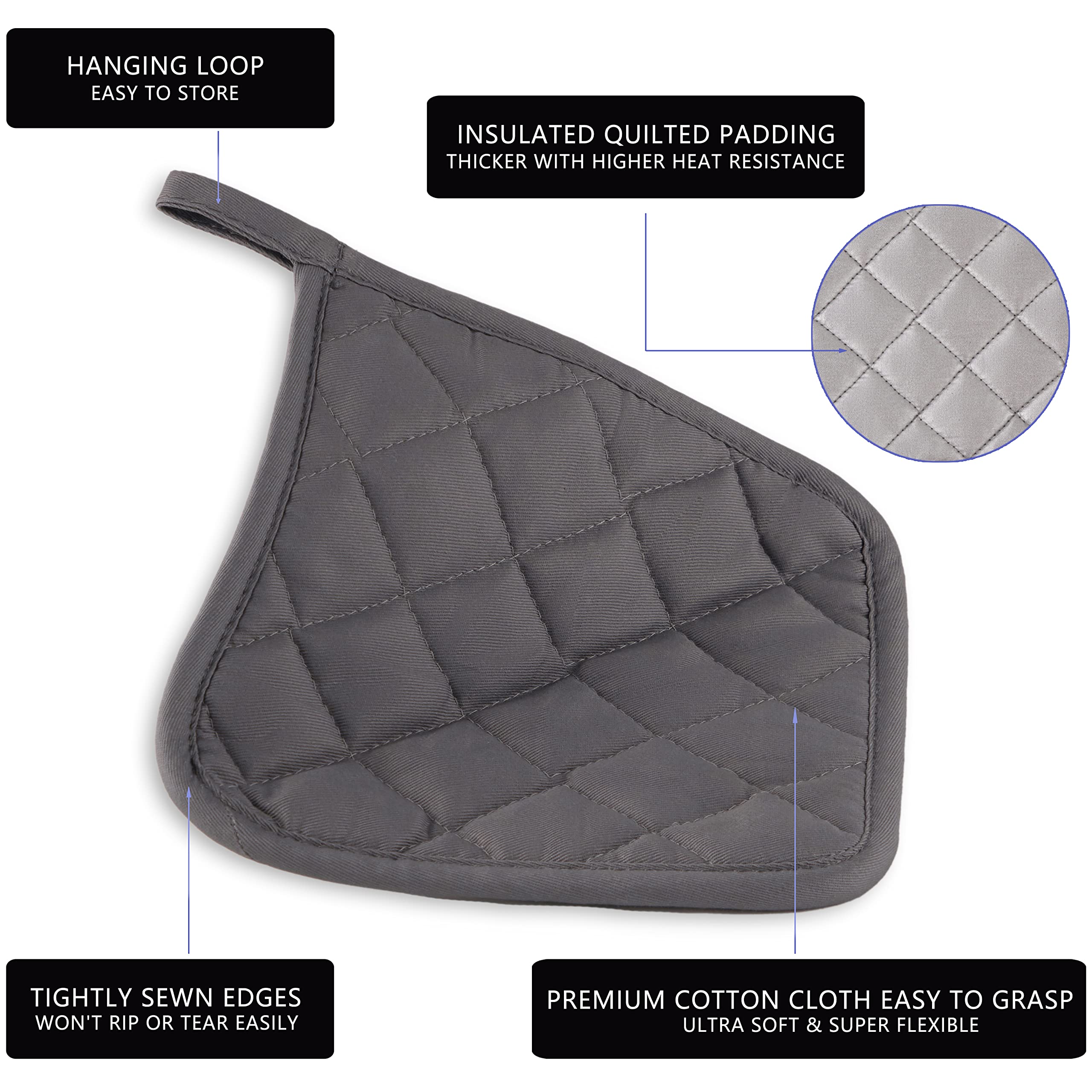 Kitchen Pot Holders Set Heat Resistant Pure Cotton Potholders Kit Trivets Large Coasters Hot Pads Terry Pot Holders for Everyday Cooking and Baking by 7 x 7 Inch Set of 6 Grey