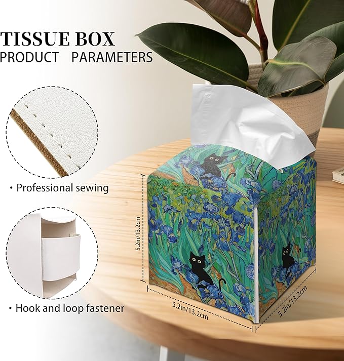 Grace Yonks Art Tissue Box Cover Square - Black Cat Among Irises Design 5.2" PU Leather Holder for Vanity, Desk, or Bathroom Counter - Cube Case for Facial Tissues. (121)