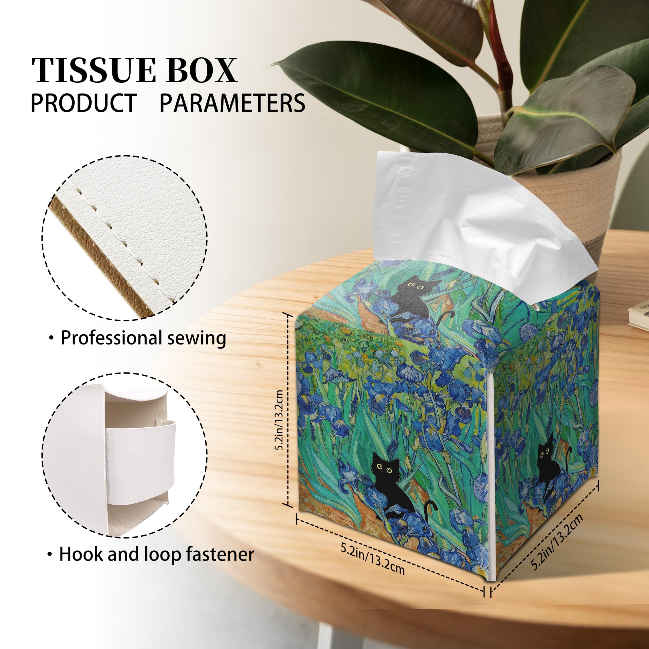 Grace Yonks Art Tissue Box Cover Square - Black Cat Among Irises Design 5.2" PU Leather Holder for Vanity, Desk, or Bathroom Counter - Cube Case for Facial Tissues. (121)