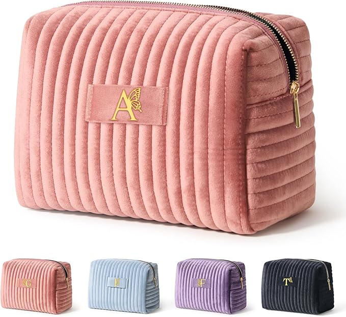 COSHAYSOO Travel Makeup Bag Quilted Make Up Pouch Initial Cosmetic Case with Butterfly Decorations for Women Lipstick Glossier Lipgloss Lip Stain Moisturizer Mascara Eyeliner Organizer Black Letter P