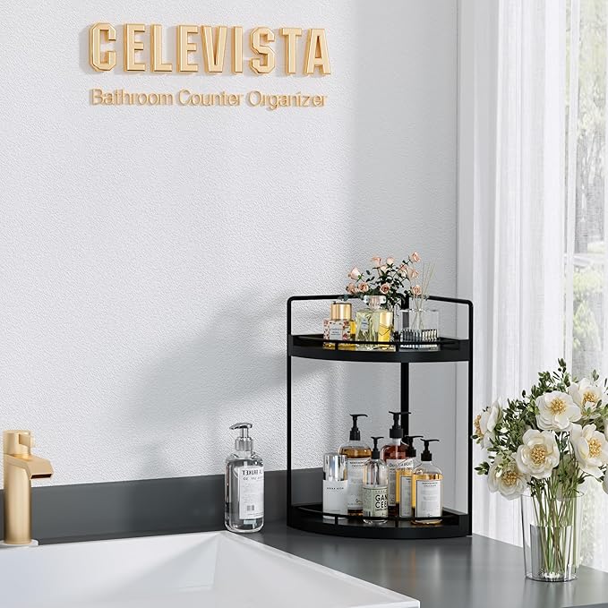 CeleVista Corner Bathroom Counter Organizer, 2 Tier Wood Vanity Storage, Waterproof Skincare Shelf for Kitchen & Toiletries Decor, Dresser (Black-2 Tier)