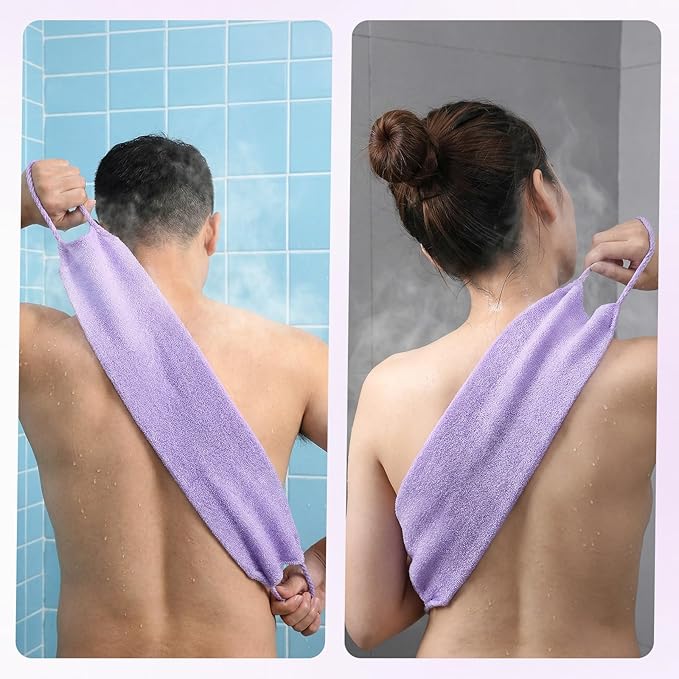 GEEHUA 4PCS Exfoliating Back Scrubber with Handles, Double-Sided Nylon Exfoliating Washcloth Extended Length Exfoliator Stretchy Pull Strap Back Washer Body Exfoliatin Washcloth for Women Men