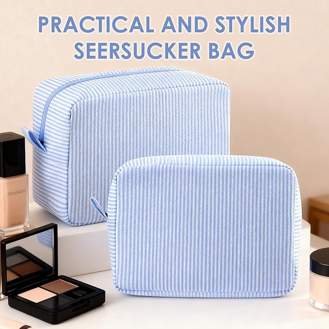 Sanwuta Seersucker Cosmetic Bag Bulk Striped Makeup Bag for Women Aesthetic Cute Travel Toiletry Organizer Preppy Storage Pouch for Wedding Bridesmaid Mother's Day Teacher Gift(Large,Light Blue,6)