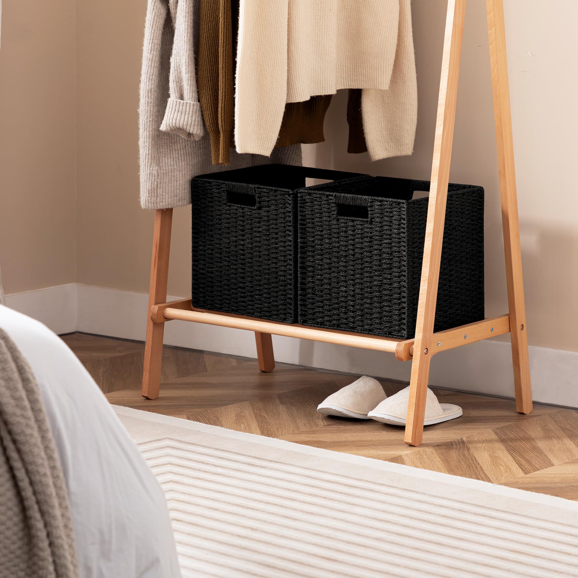 UBBCARE 2 Pack Wicker Basket, 11L×11H×10.5W inch Woven Paper Rope Storage Baskets for Shelves, Foldable Cube Storage bin with Handle, Storage Basket for Organizing & Decor, Black