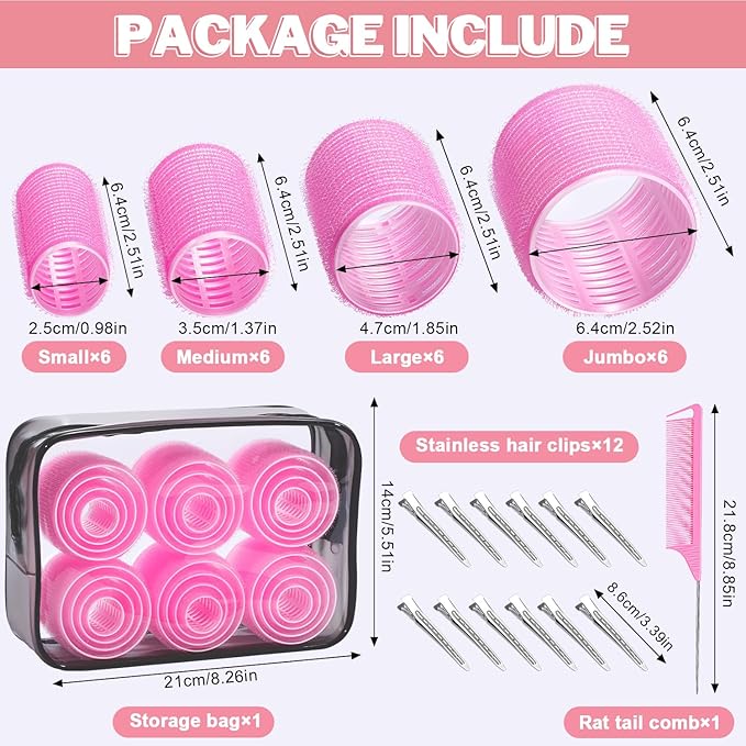 IKOCO Hair Rollers Set, 4 Sizes with 12 Clips and Comb - Self Grip Curlers for Long/Short Hair, Thermal Safe Rollers for Salon-Worthy Styling Pink