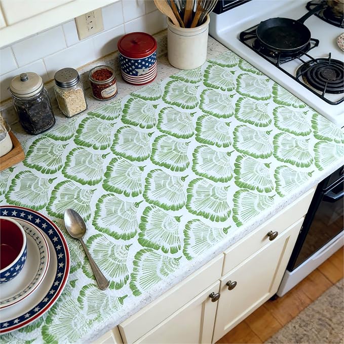 Shelf and Drawer Liner, 17in x 20FT Double Layer PVC Non-Adhesive Non-Slip Waterproof, Green Leaf for Kitchen Cabinets, Pantry, Bathroom, Dresser with Knife and Tape Measure