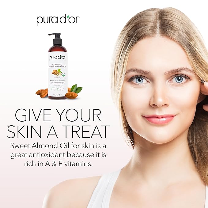 PURA D'OR ORGANIC Sweet Almond Oil, Pure Carrier Oil for Hair & Skin, 16 Oz