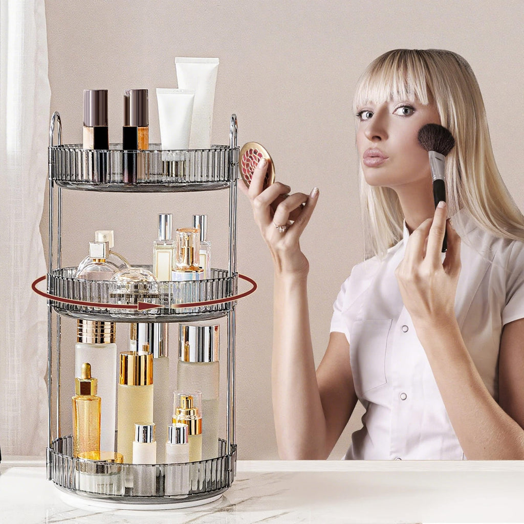 INVSSENE 360° Rotating Makeup Organizer, Bathroom Make Up Spinning Holder Rack, Large Capacity Cosmetics Storage Vanity Shelf Countertop, Fits Cosmetics, Perfume, Skincare, Lipsticks(3 Tiers, Gray)