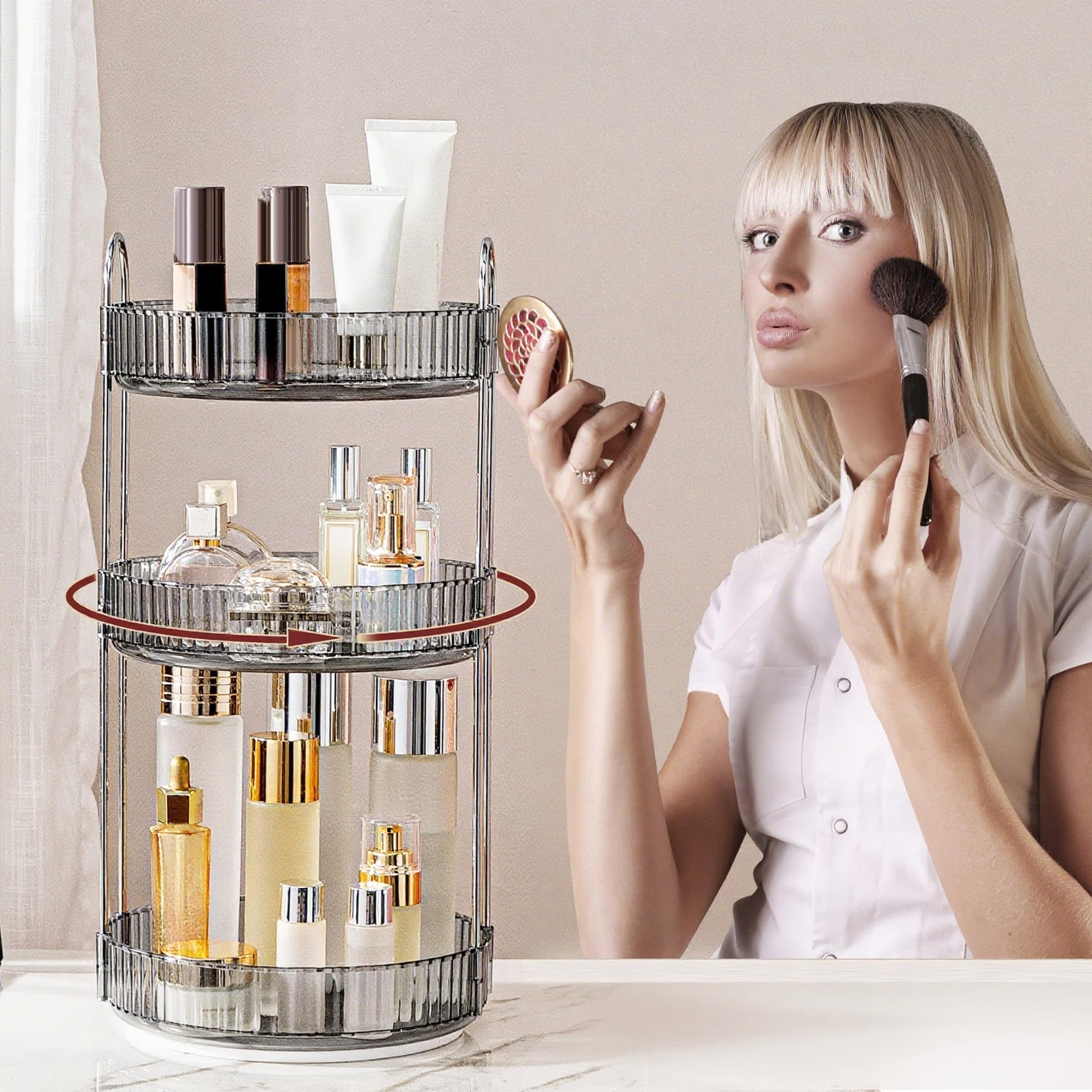 INVSSENE 360° Rotating Makeup Organizer, Bathroom Make Up Spinning Holder Rack, Large Capacity Cosmetics Storage Vanity Shelf Countertop, Fits Cosmetics, Perfume, Skincare, Lipsticks(3 Tiers, Gray)