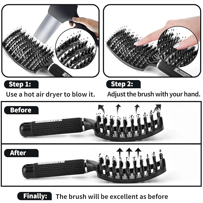 Boar Bristle Hair Brush Set of 2, HIPPIH Wet & Dry Hair Brushes Made by Fine Natural Boar Hair Can Adds Shine and Smoothing, Detangling Hairbrush for Women, Men & Kids' Long Curly Thick Hair