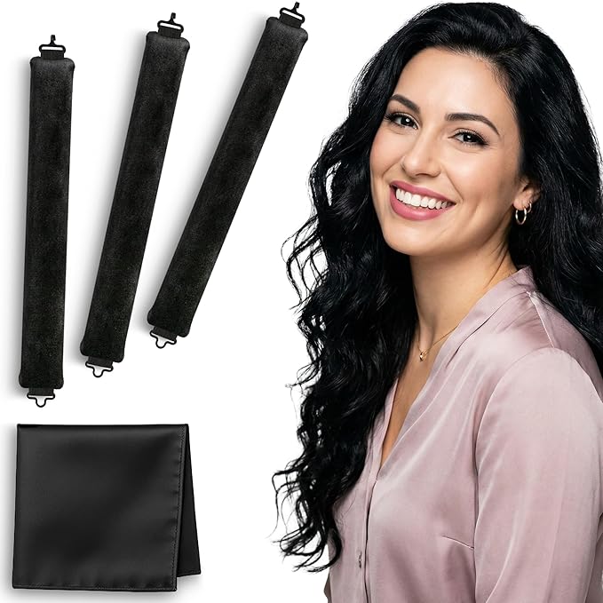 VISOFO Heatless Curls Overnight | Rods for Blowout Look, Long Hair Rollers Blow Out Curling Rod No Heat Flexi Foam Tubes Silk Satin Velvet Soft Curlers to Sleep In Tools Set (Black, 3 Set)
