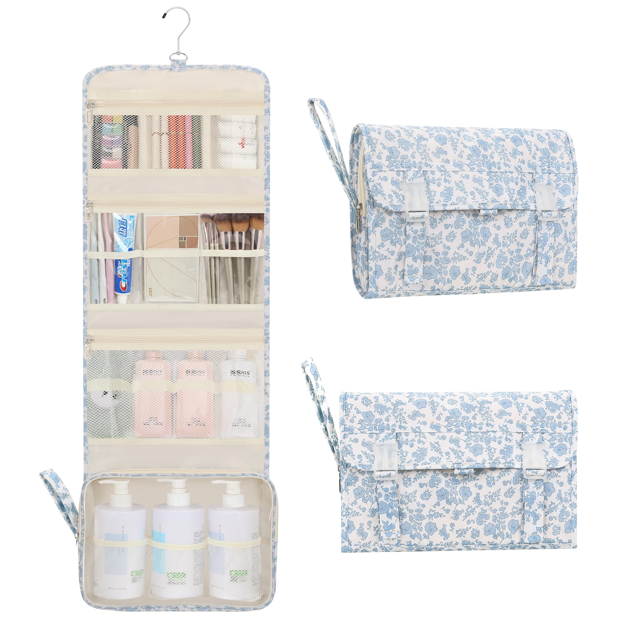 Relavel Travel Toiletry Bag with Hanging Hook, Floral Hanging Toiletries Bag for Women, Large Capacity Makeup Cosmetic Storage Organizer for Full Sized Container, Accessories - Blue Flower