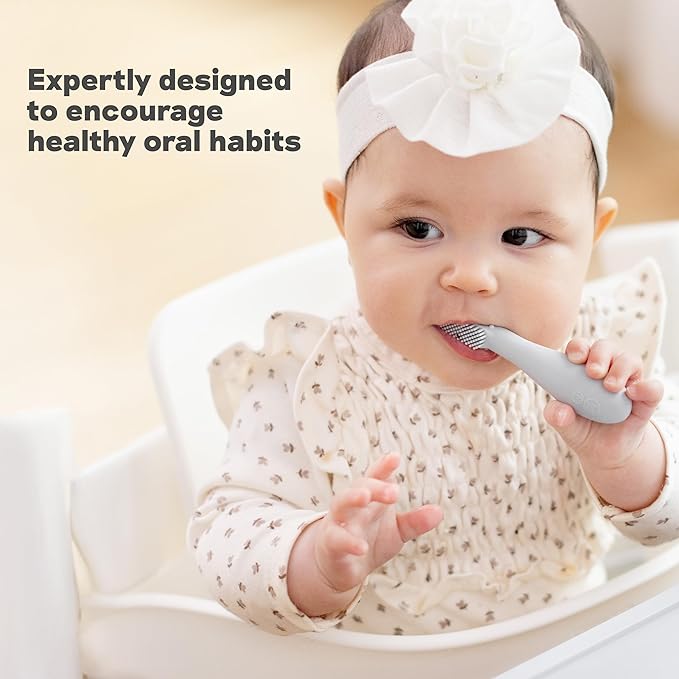ezpz Baby-Led Toothbrush (Pewter) - 3 Months + - 100% Silicone Infant Toothbrush with Sensory Bumps - Cleans Gums + New Teeth - Improves Hand-to-Mouth Coordination, Self-Feeding Skills
