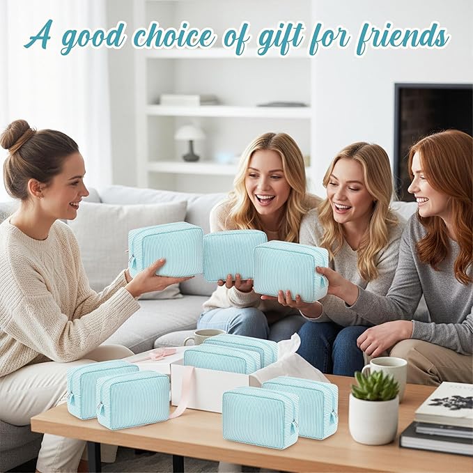 Sanwuta 6 Seersucker Cosmetic Bag Bulk Striped Makeup Bag for Women Aesthetic Cute Travel Toiletry Organizer Preppy Storage Pouch for Wedding Bridesmaid Mother's Day Teacher Gift (Large,Mint Blue)