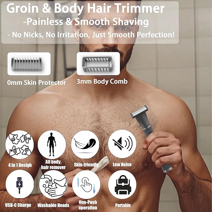 Body Hair Trimmer for Men, 4 in 1 Versatile Trimmer Shavers for Groin/Ball/Beard/Eyebrow/Nose/Ear Hair Shaver, USB-C Electric Pubic Hair Trimmer for Smooth Shaving with Storage Bag