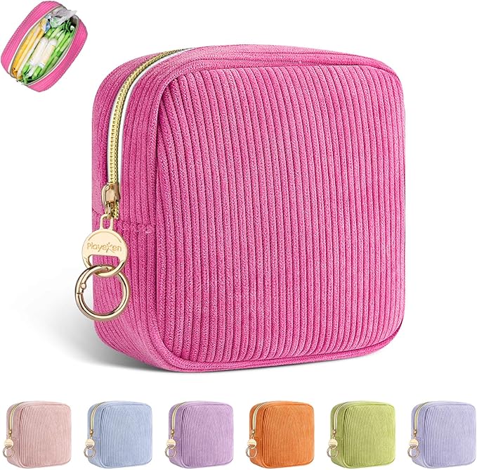 Playexen Period Bag for Girls, Corduroy Sanitary Napkin Pouch, Rose Red