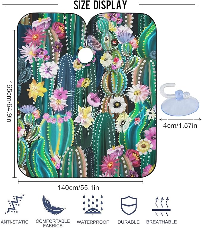 Visesunny Barber Cape - Green Cactus With Flower Polyester Hair Cutting Salon Apron Anti-Static Haircut Water-Resistant Shaving Cloth Beard Shaving Bib Hairdressing Cape