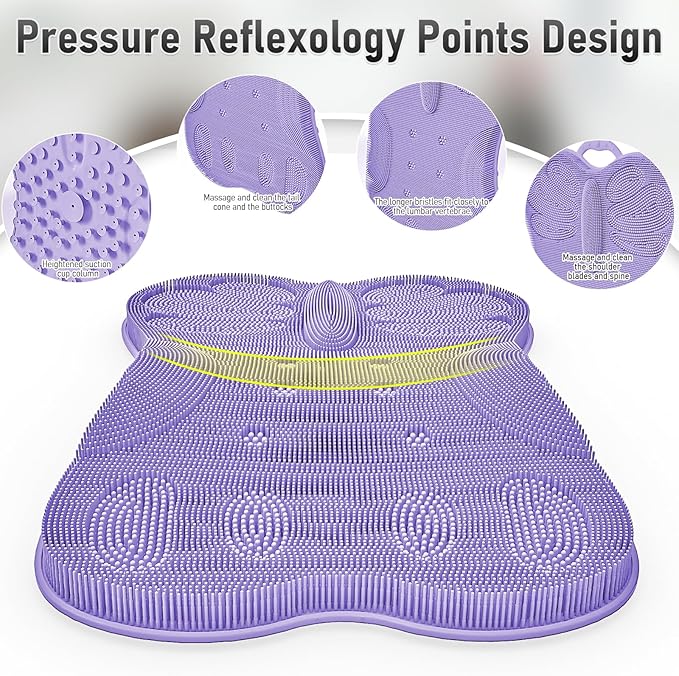 Vynusio Back Scrubber Body Bath Cushion for Tub Bathtub with Back Lumbar Ergonomic Support, Silicone Extra Large Thick Soft Seat Pad Non-Slip Suction Cups, Relaxing Spa Exfloating Scrubber Mat Purple
