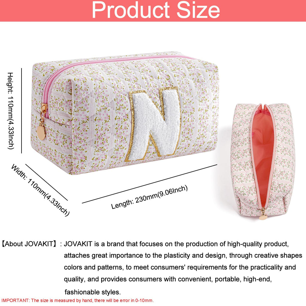 JOVAKIT Alphabet Makeup Bag Cosmetic Bag for Women, Christmas Gifts for Girls Age 6-18, Floral Flowers Coquette Travel Toiletry Zipper Make Up Pouch Organizer Trendy Stuff (Pink Floral N)