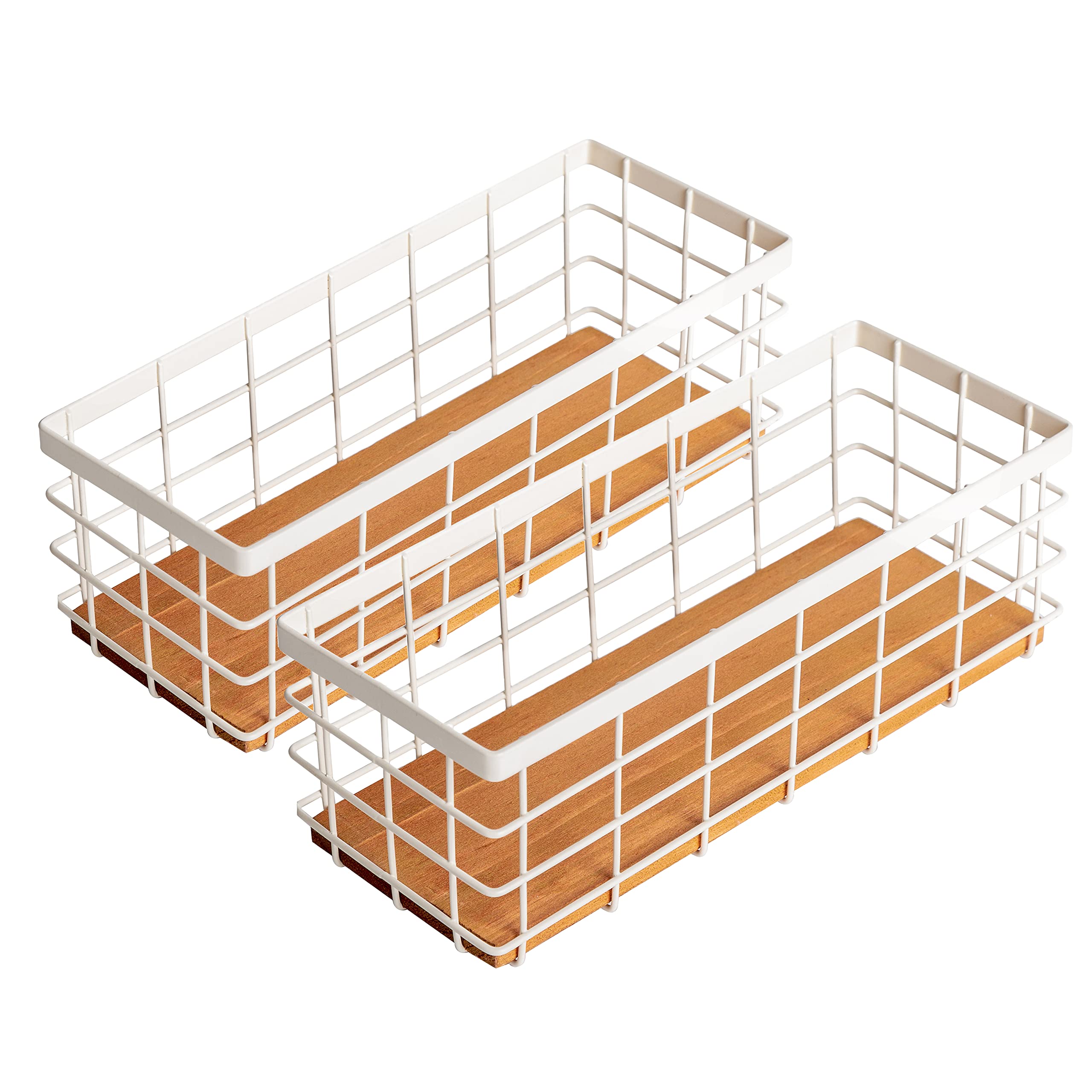 TIEYIPIN Small Metal Wire Storage Basket, Detachable Wood Base Storage Organizer Bin Basket for Kitchen Cabinets, Bathroom, Pantry, Garage, Laundry Room (Cream White, 2 Pack)