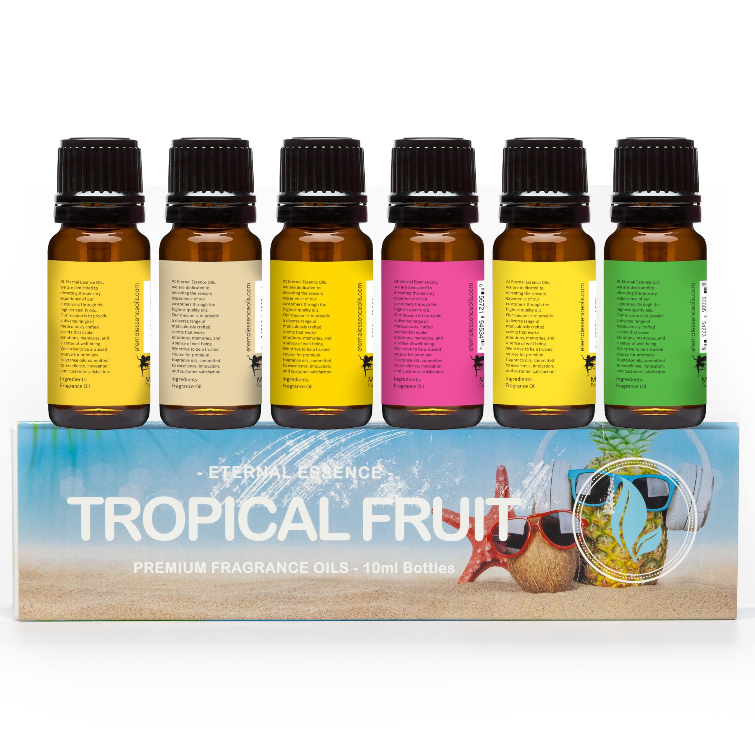 Eternal Essence Oils Tropical Fruit Set of 6 Premium Fragrance Oils - Includes Mango, Coconut Cream, Pineapple, Passion Fruit & Guava, Banana and Portuguese Pomelo Scented Oils - 10ML