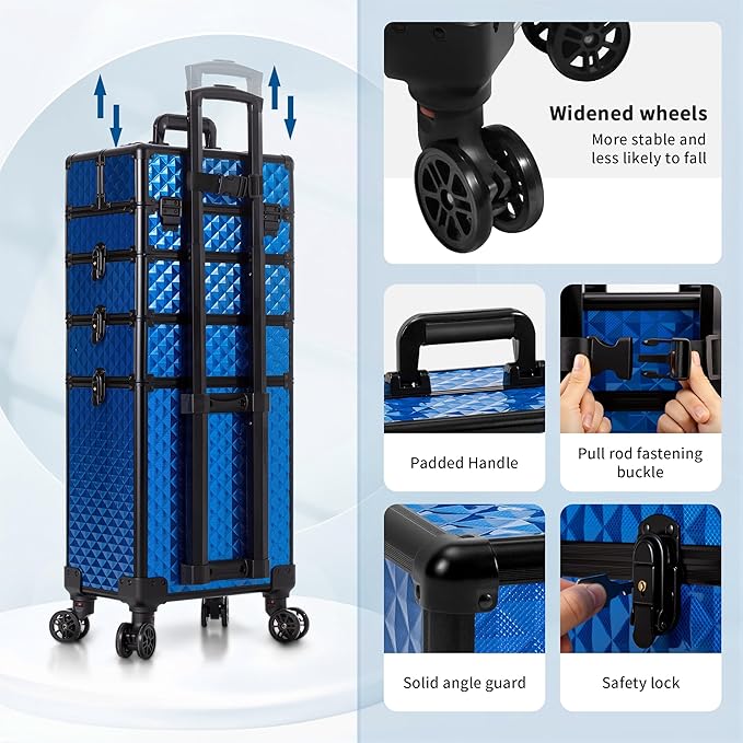 AROUS Rolling Train Makeup Case Cosmetology Case on Wheels, Blue