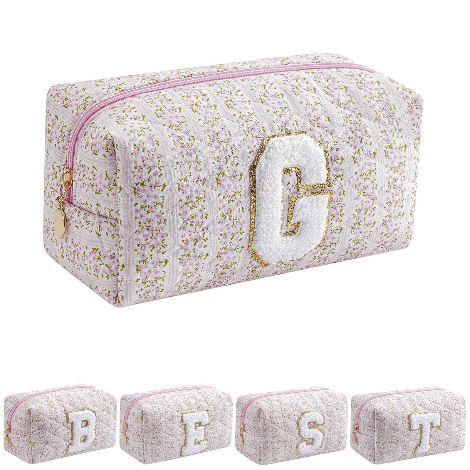 JOVAKIT Alphabet Makeup Bag Cosmetic Bag for Women, Christmas Gifts for Girls Age 6-18, Floral Flowers Coquette Travel Toiletry Zipper Make Up Pouch Organizer Trendy Stuff (Pink Floral G)