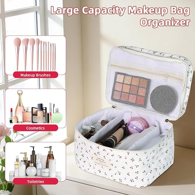 Gosect Makeup bag, Large Cosmetic Bag for Women Girls, Cute Quilted Makeup Bags, Floral Coquette Aesthetic Toiletry Bag, Travel Make Up Organizer Bag (Cherry)