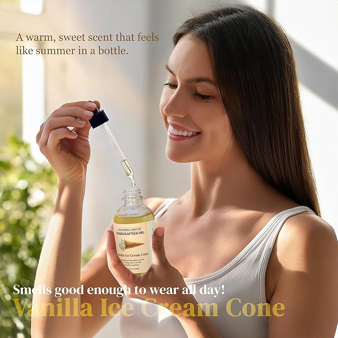 Soothing House Vanilla Ice Cream Cone Body Oil - Premium Non-Greasy Oil & Body Moisturizer for Dry Skin & Glowing Skin with Sweet Almond, Jojoba, and Vitamin E Oil, 4 Fl OZ