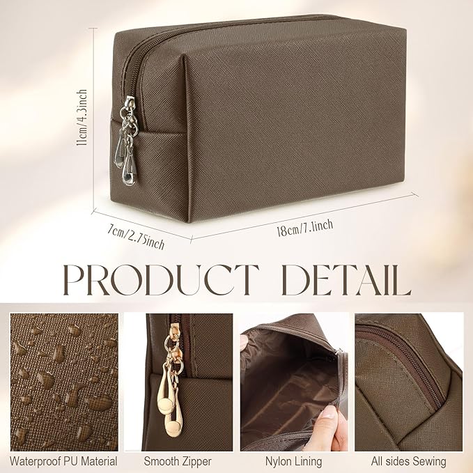 Kigeli Aesthetic Makeup Bags PU Leather Cosmetic Pouches Waterproof Plain Toiletry Bags Makeup Pouches Bulk for Women Party Gift Travel Storage Organizer(Coffee,7.1 x 2.8 x 4.3 in)