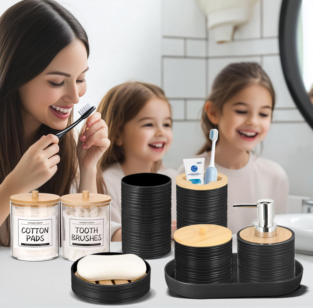 IMAVO Bathroom Accessory Set-11Pcs Black Bathroom Accessories Set with Trash Can,Soap Dispenser,Soap Dish,Toothbrush Holder,Toothbrush Cup,Toilet Brush Holder,Qtip Holder Dispenser with Labels