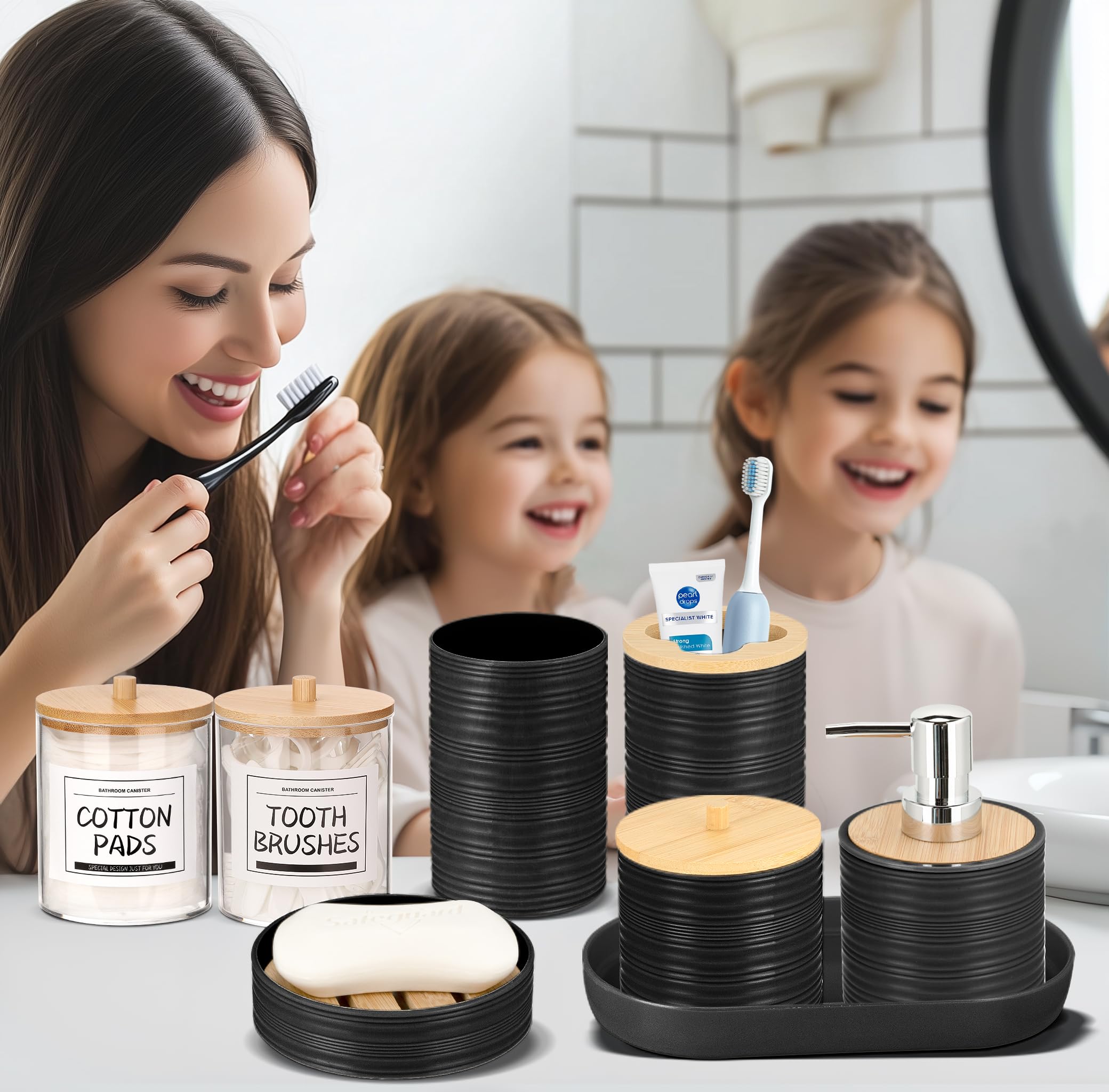 IMAVO Bathroom Accessory Set-11Pcs Black Bathroom Accessories Set with Trash Can,Soap Dispenser,Soap Dish,Toothbrush Holder,Toothbrush Cup,Toilet Brush Holder,Qtip Holder Dispenser with Labels