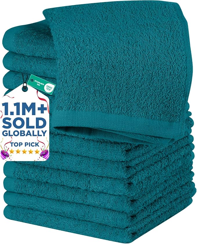 DAN RIVER 12 Pack Wash Cloths for Showering [12x12] - 100% Cotton Washcloths Premium Quality Flannel Face Cloths for Bathroom, Highly Absorbent and Soft Feel Wash Clothes, Teal