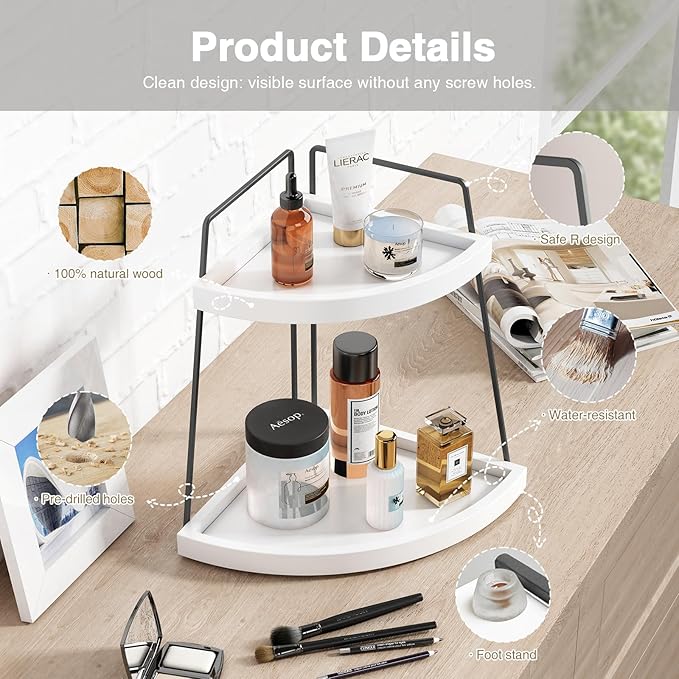 Forbena Corner Bathroom Organizer Countertop, 2Tier Sink Corner Shelf Stand for Kitchen Counter, Modern Coffee Bar Organizer Station, Round Vanity Tray for Men Desk Organization -White and Grey