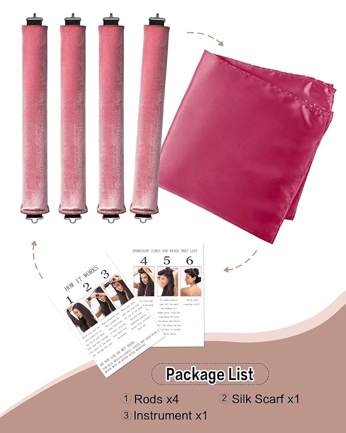 Seritant Heatless Curls Overnight with Satin Head Scarf, Velvet Hair Rollers for Blowout Look, No Heat Curling Rod for Long Thick Hair, Soft Sleep In Flexi Rods - 4PCS(6)