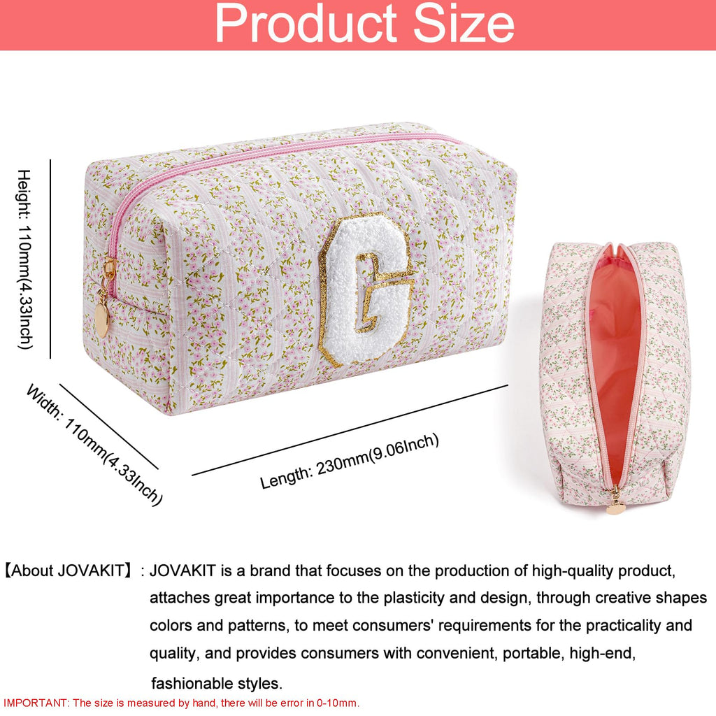 JOVAKIT Alphabet Makeup Bag Cosmetic Bag for Women, Christmas Gifts for Girls Age 6-18, Floral Flowers Coquette Travel Toiletry Zipper Make Up Pouch Organizer Trendy Stuff (Pink Floral G)