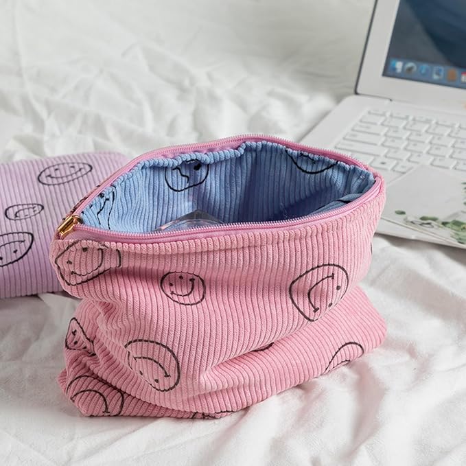 Gardsell Cosmetic Bags for Women - Corduroy Cosmetic Bag Aesthetic Women Handbags Purses Smile Dots Makeup Organizer Storage Makeup Bag Girls Case Bags (Double Pink Blue)