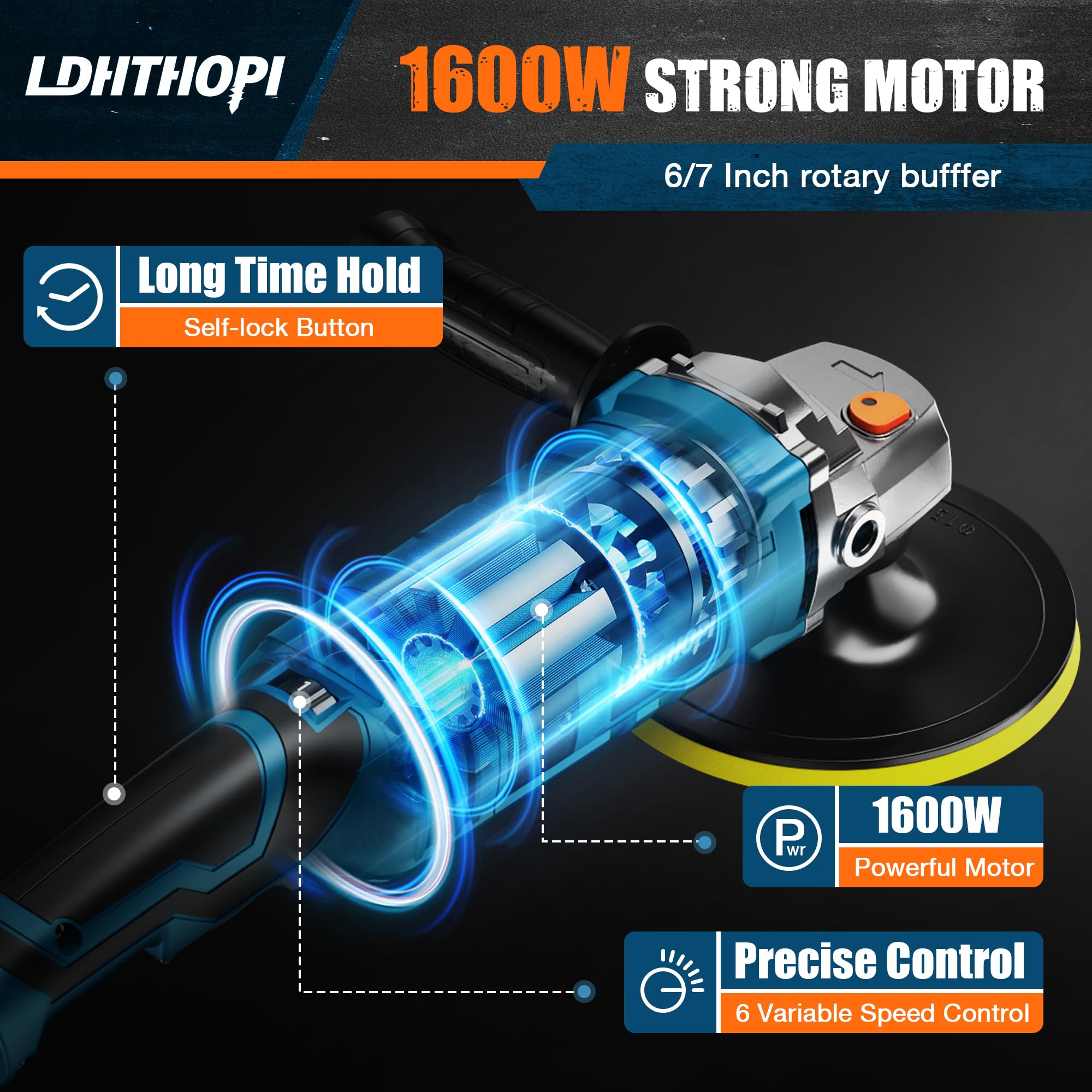 LDHTHOPI Buffer Polisher, 1600W 7 Inch/6 Inch Rotary Buffer Polisher Waxer, 7 Variable Speed 1000-3500 RPM, Detachable Handle for Car, Boat Sanding, Polishing, Waxing, 2026 Upgraded