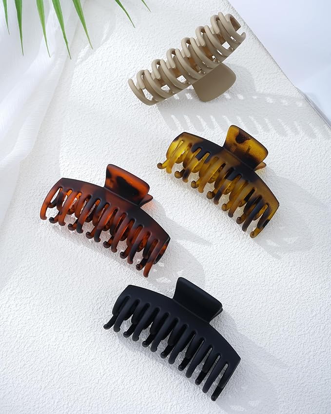 Mesovor 4 Pack Double Row Teeth Hair Claw Clips, 3.5" Large Strong Hold Matte Hair Clips for Thin and Short Fine Hair Accessories (Tortoise Matte)