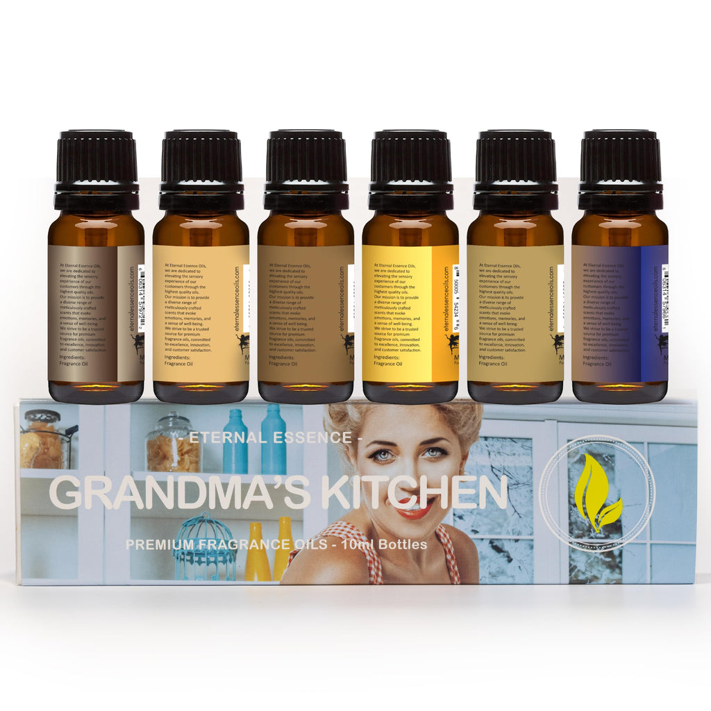 Eternal Essence Oils Grandma's Kitchen Set of 6 Premium Fragrance Oils - Caramel Nut Muffin, Oatmeal Cookie Dough, Snickerdoodle, Orange Chiffon Cake, Lemon Sugar, and Blueberry Pancakes - 10ML