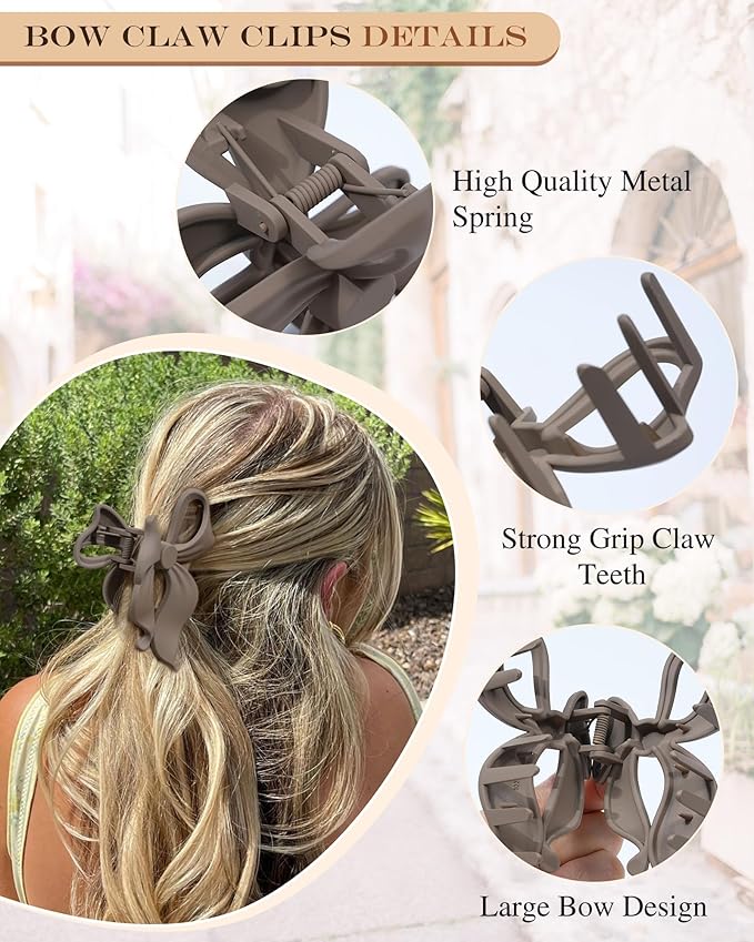 4 PCS Bow Hair Clips Bow Claw Clip for Women, Large Hair Claw Clips for Thin Thick Long Hair Cute Nonslip Bows (Dark khaki+light khaki+Dark Brown+Beige)