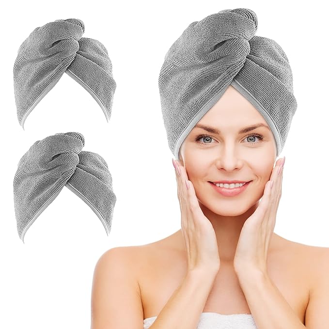 NEXCOVER Microfiber Hair Wrap, 2 Pack Grey 9.8 inch x 25.5 inch, Turbans Ultra Absorbent Fast Drying Head Towels for Long, Curly, Thick Frizzy Hair