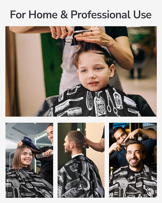 ULG Professional Hair Cutting Cape with Neck Duster Brush Waterproof Extra Large Size Salon Barber Cape Haircut Cape for Men Women and Kids, 57”×72” Full Body Coverage, Black with White Printing